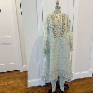 Cotton Net 2 Piece Formal Suit w/ Dull Gold Sequins, Floral Embroidery & Pearls